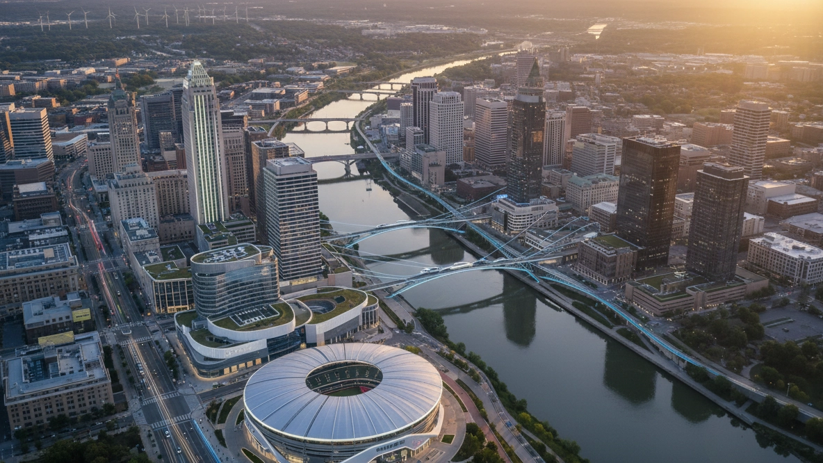 Downtown Columbus skyline at golden hour