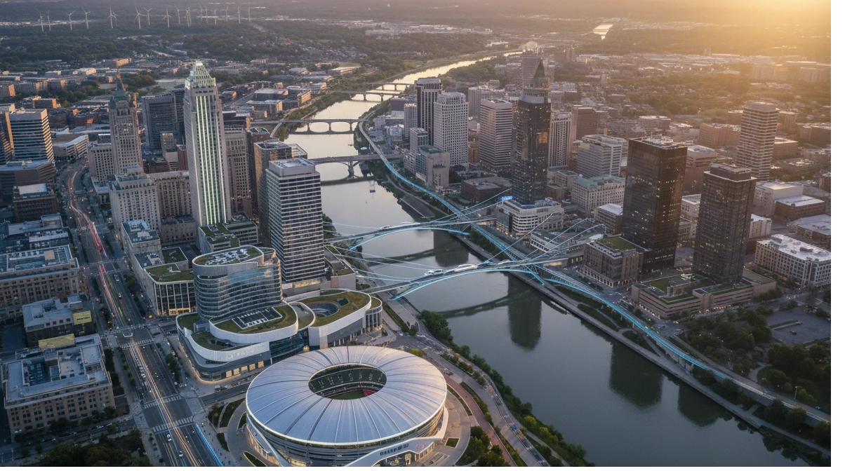 Downtown Columbus skyline at golden hour